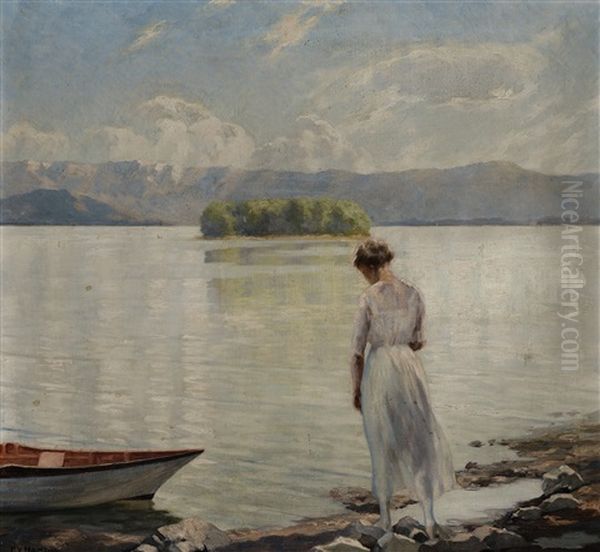 Frau In Weisem Kleid Am Seeufer (wohl Schliersee) Oil Painting by Peter von Hamme-Voitus