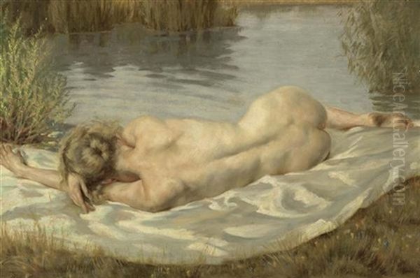 Liegender Akt In Einer Flusslandschaft by Peter von Hamme-Voitus