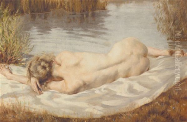 A Reclining Nude On The Banks Of A River Oil Painting by Peter von Hamme-Voitus