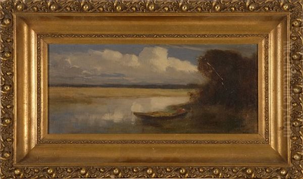 Bay Of Fundy Marsh Scene With Small Boat On Shore Beneath Billowing Clouds Oil Painting by John A. Hammond