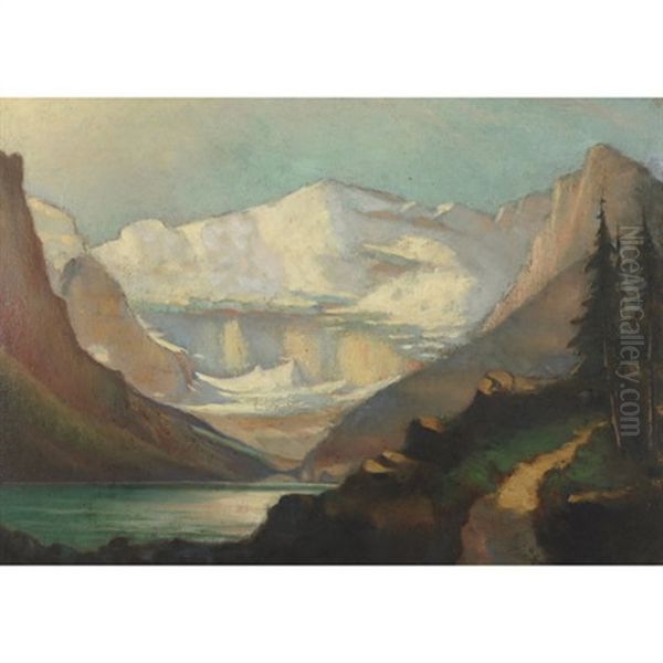 The Lakes In The Clouds, Lake Agnes High Above Lake Louise, With Mirror Lake Lying Between Oil Painting by John A. Hammond