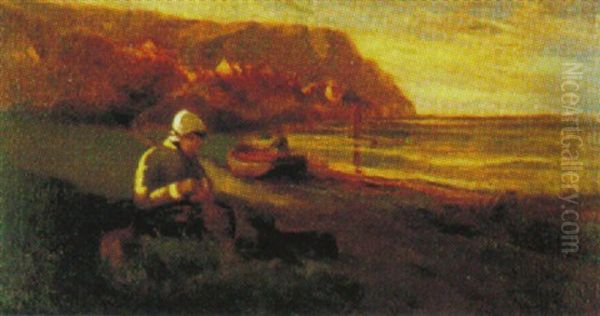 Woman Sewing By The Sea Oil Painting by John A. Hammond