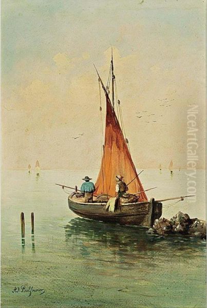 Fishermen In A Boat Oil Painting by Adolphe Paul E. Balfourier