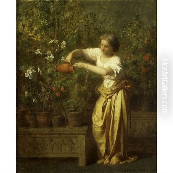 A Woman In A Garden Oil Painting by Jean Louis Hamon