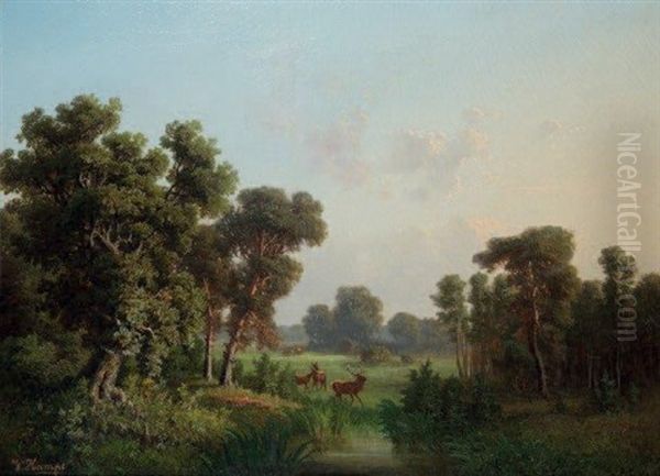 Cerf Et Biches Dans La Clairiere Oil Painting by Ernst Heinrich Wilhelm Hampe