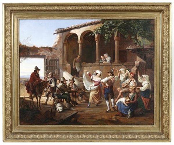 Tanzende Romische Landleute Vor Einer Osteria Oil Painting by Ernst Heinrich Wilhelm Hampe