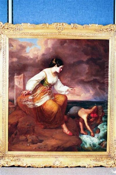 Woman And Child By A Stormy Shore Oil Painting by Ernst Heinrich Wilhelm Hampe