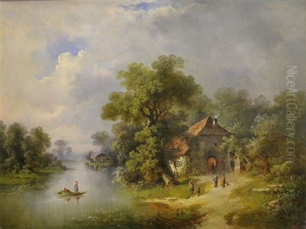 Landschap Met Figuren Bij Een Boerenhuis Oil Painting by Guido Hampe