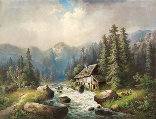 Wildbach Mit Muhle Oil Painting by Guido Hampe