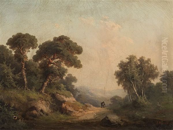 Hilly Landcape With Farmer Oil Painting by Guido Hampe