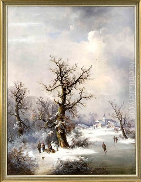 Verschneite Winterlandschaft Mit Schlittschuhlaufern Und Rastenden Wanderern Oil Painting by Guido Hampe