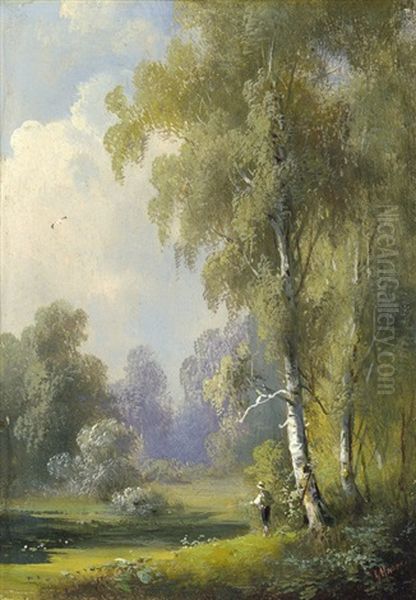 Waldsee Mit Einem Angler Oil Painting by Guido Hampe