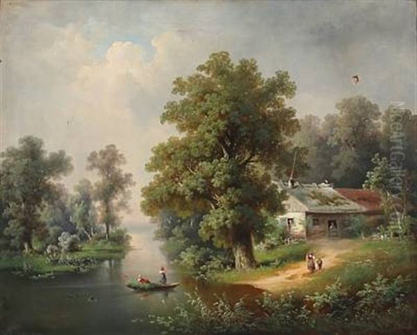 Stream Scene With A Farm Oil Painting by Guido Hampe