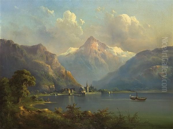 Alpine Landscape With Lake Oil Painting by Guido Hampe