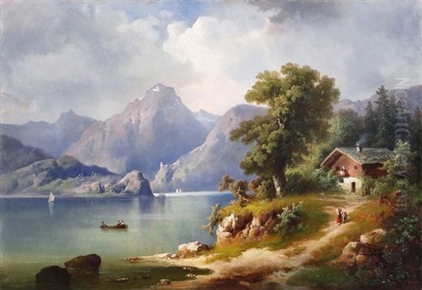 Hochgebirgslandschaft Mit See Und Bauernhaus Oil Painting by Guido Hampe