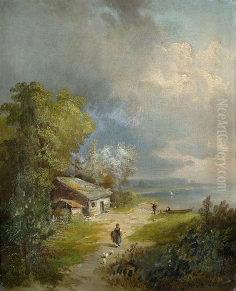 Sommerlandschaft An Einem See Im Schwarzwald, Im Vordergrund Eine Gansemagd Oil Painting by Guido Hampe