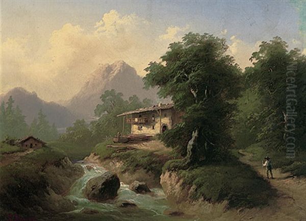 Sommertag In Den Alpen Mit Wildbach, Gehoft Und Aufragendem Massiv Oil Painting by Guido Hampe