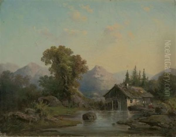 Eine Muhle Am Wasser In Alpiner Landschaft Oil Painting by Guido Hampe