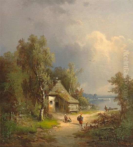 Seenlandschaft Mit Figurenstaffage Und Reetgedeckter Hutte Oil Painting by Guido Hampe