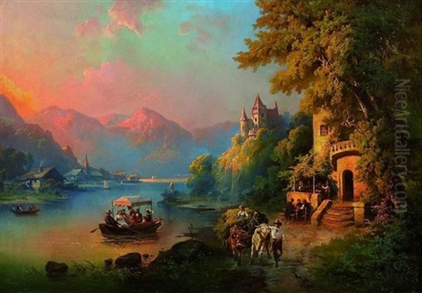 Romantischer Sonnenuntergang An Einem Bergsee. Am Ufer Ein Weinlokal Mit Frohlichen Gasten Oil Painting by Guido Hampe