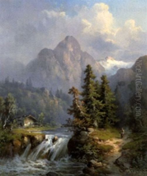 Flussaluf In Den Alpen Mit Gehoft Und Krautersammlerin Oil Painting by Guido Hampe