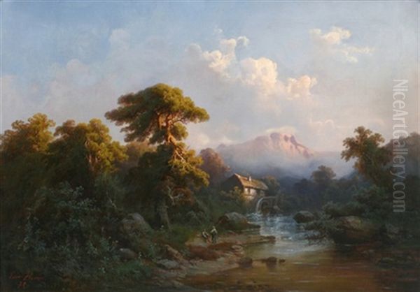 Angler Am Gebirgsbach Vor Wassermuhle Mit Bergmassiv In Der Morgensonne Oil Painting by Guido Hampe