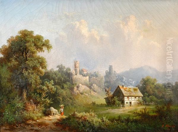 Landschaft Mit Figurenstaffage Und Blick Auf Die Ruinen Von Kohren Oil Painting by Guido Hampe