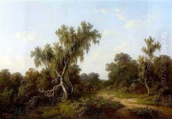 Waldlichtung Mit Hirsch Und Hirschkuhen Oil Painting by Guido Hampe