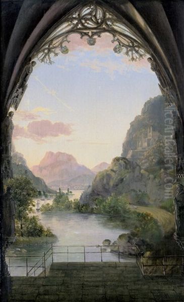 Ausblick Aus Einem Gotischen Portal Auf Eine Abendliche Landschaft Oil Painting by Karl Friedrich Hampe