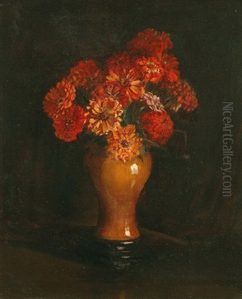 Still Life With Zinnias Oil Painting by Carl Hampel