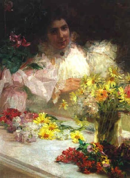 Junge Dame Beim Blumenarrangieren (selbstbildnis Der Kunsterlin?) Oil Painting by Charlotte Hampel