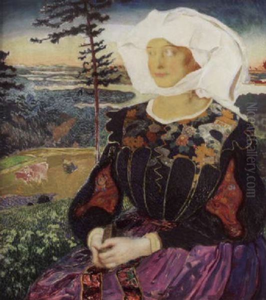 Portrat Einer Jungen Frau In Renaissancetracht Vor Landschaftshintergrund Oil Painting by Sigmund Walter Hampel