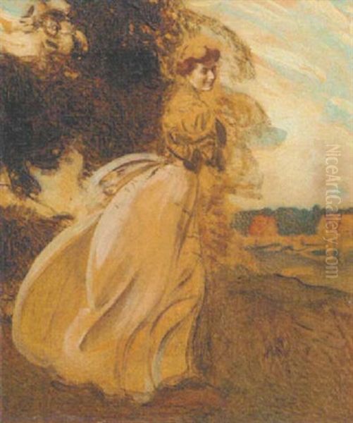 Study Of A Young Woman In A Landscape Oil Painting by Sigmund Walter Hampel