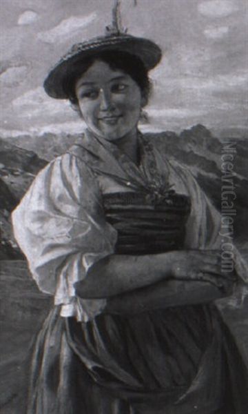 Lachendes Dirndl Vor Berglandschaft Oil Painting by Sigmund Walter Hampel