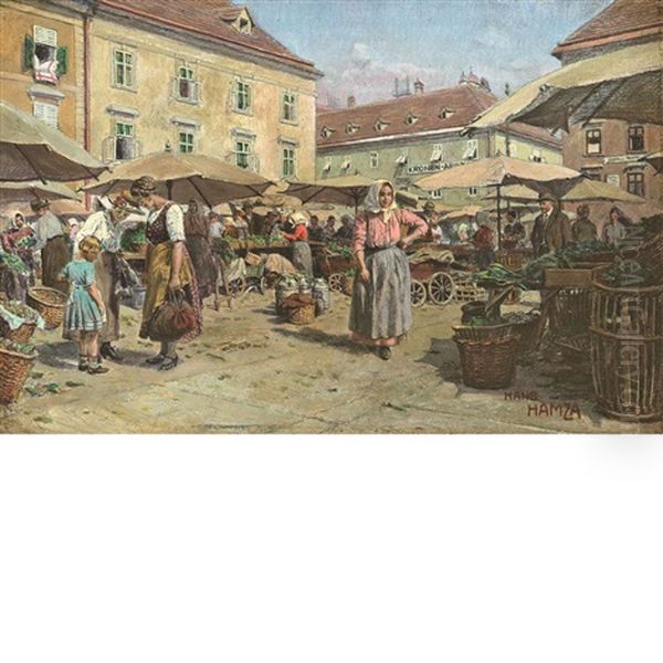 A Busy Marketplace Oil Painting by Hans Hamza