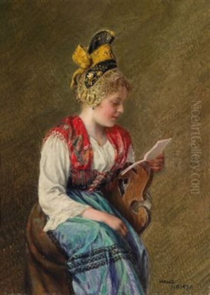 Madchen Mit Goldhaube Beim Brieflesen Oil Painting by Hans Hamza