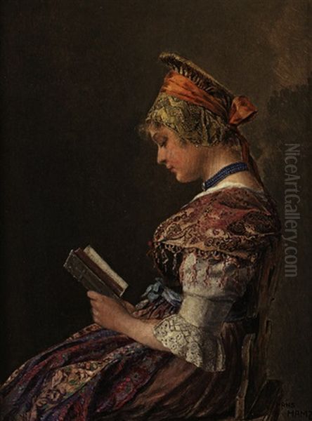 Auf Stabelle Sitzende, Lesende Frau In Wachauer Tracht Oil Painting by Hans Hamza