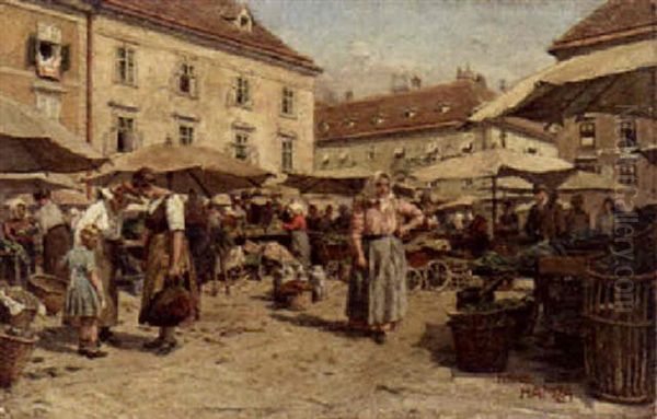 A Busy Marketplace Oil Painting by Hans Hamza