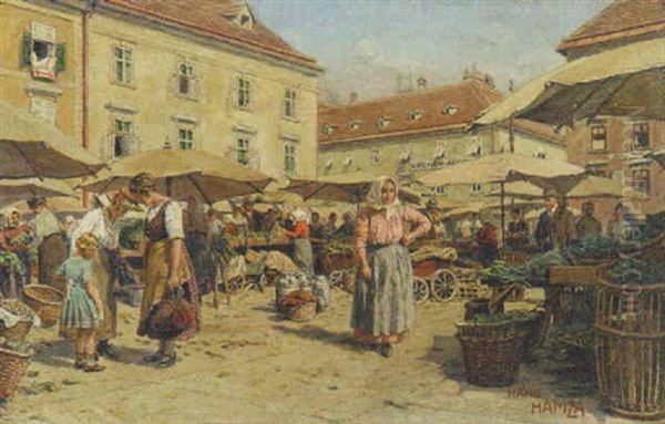 A Busy Marketplace Oil Painting by Hans Hamza