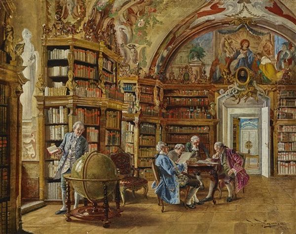 Library Scene Oil Painting by Johann Hamza