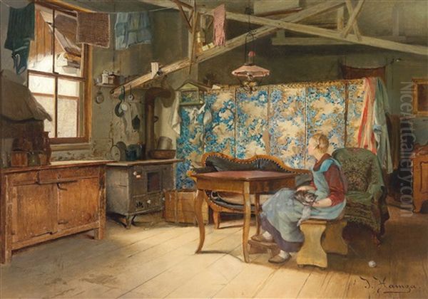 Farmhouse Interior, Zurich 1899 Oil Painting by Johann Hamza