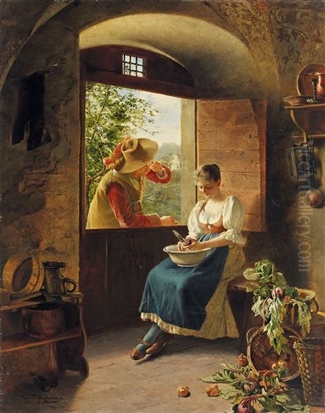 Das Stelldichein Am Kuchenfenster Oil Painting by Johann Hamza