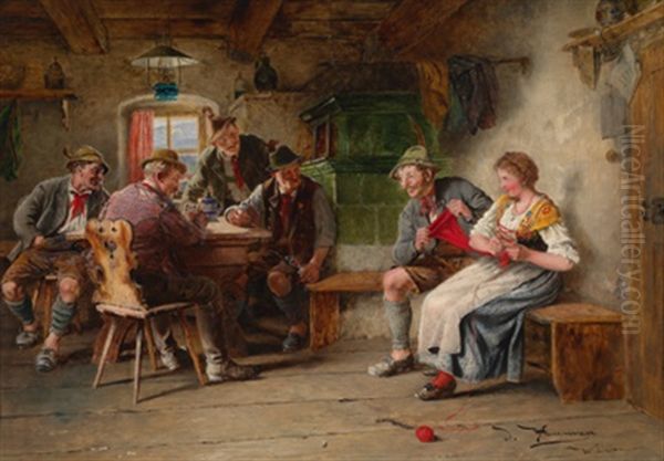 Die Kartenrunde Oil Painting by Johann Hamza