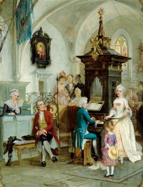 Wolfgang Amadeus Mozart Musiziert Im Kreise Seiner Familie Oil Painting by Johann Hamza