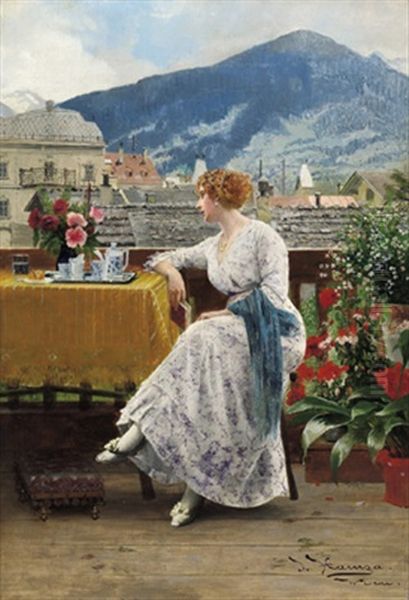 Junge Frau Am Balkon In Weiz Oil Painting by Johann Hamza