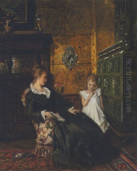 Mutter Mit Tochter Im Salon Oil Painting by Johann Hamza