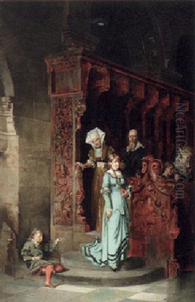 In Der Kirche. Patrizierfamilie Verlast Das Reichgeschmuckte Gotische Chorgestuhl Oil Painting by Johann Hamza