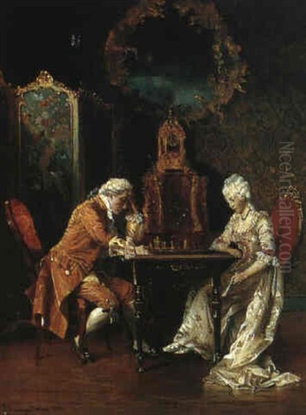 The Chess Game Oil Painting by Johann Hamza