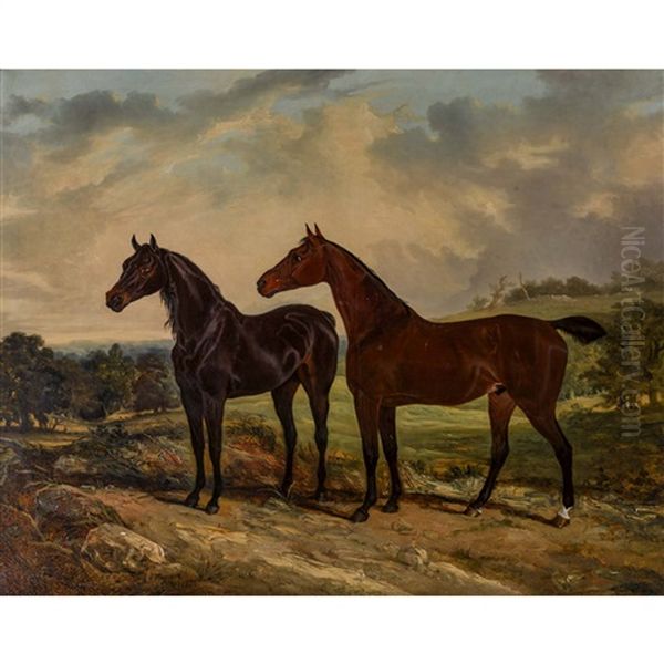 Two Horses In A Landscape Oil Painting by Charles Hancock