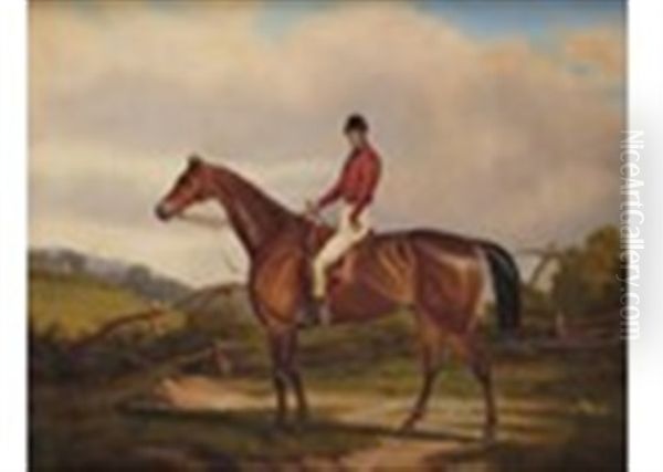 Sir Joseph Hawley's Fernhill A Dark Bay Racehorse With Jockey Up Oil Painting by Charles Hancock